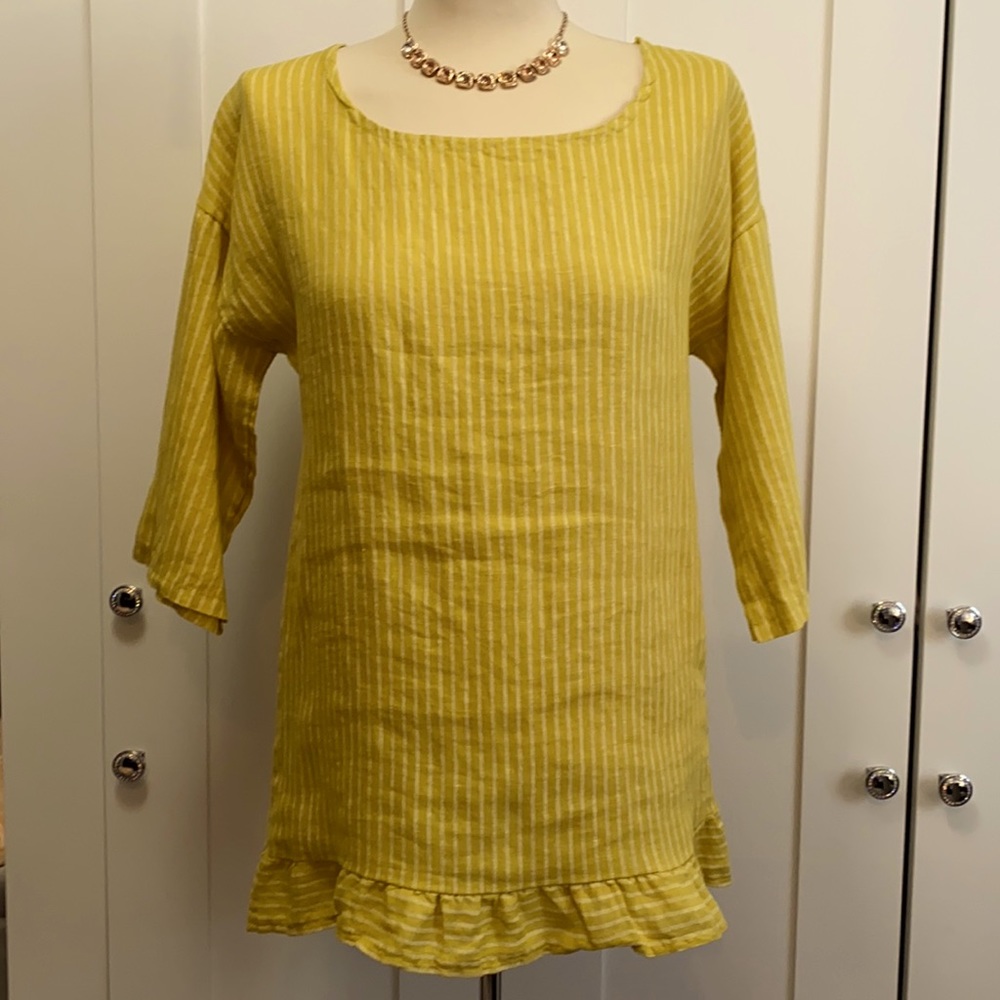 Italian Striped Half Sleeve Yellow Linen Top Sz SM By Lungo Larno NEW!